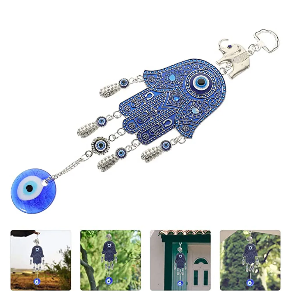 

Turkish Blue Eye Hand of Fatima Palm Hamsa Glass Pendant Bead Exorcism Amulet Metal Wind Chime Egypt Keychain Car Feng Shui Hang
