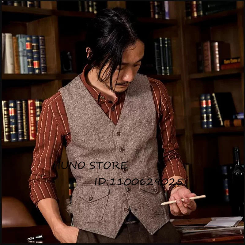 

Vest for Men Herringbone Slim Fit V-Neck Single Breasted Sleeveless Jacket Party Dinner Steampunk Male Waistcoat スーツ