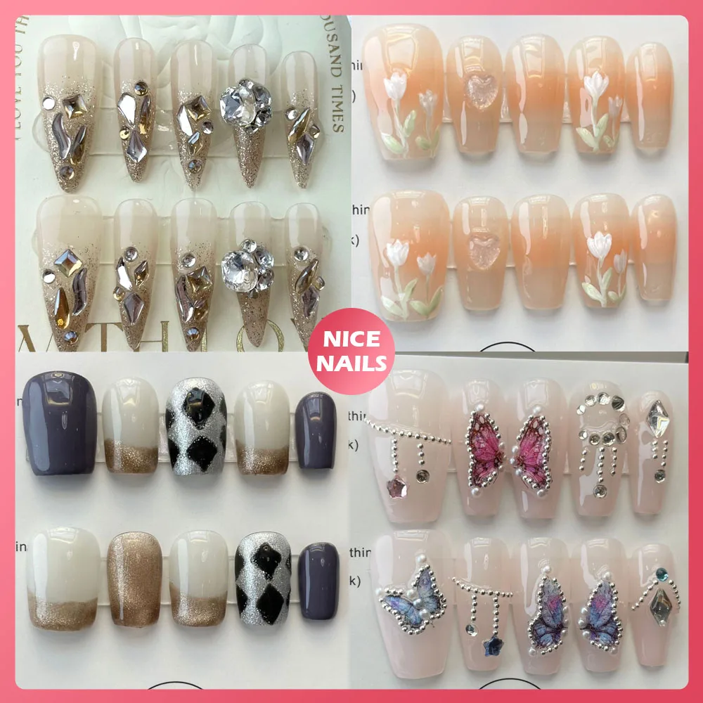

Pure Handmade Long Coffin with Rhinestone Fake Nail Solid Color Cartoon Full Cover French Fingernails Arts Personality Nails
