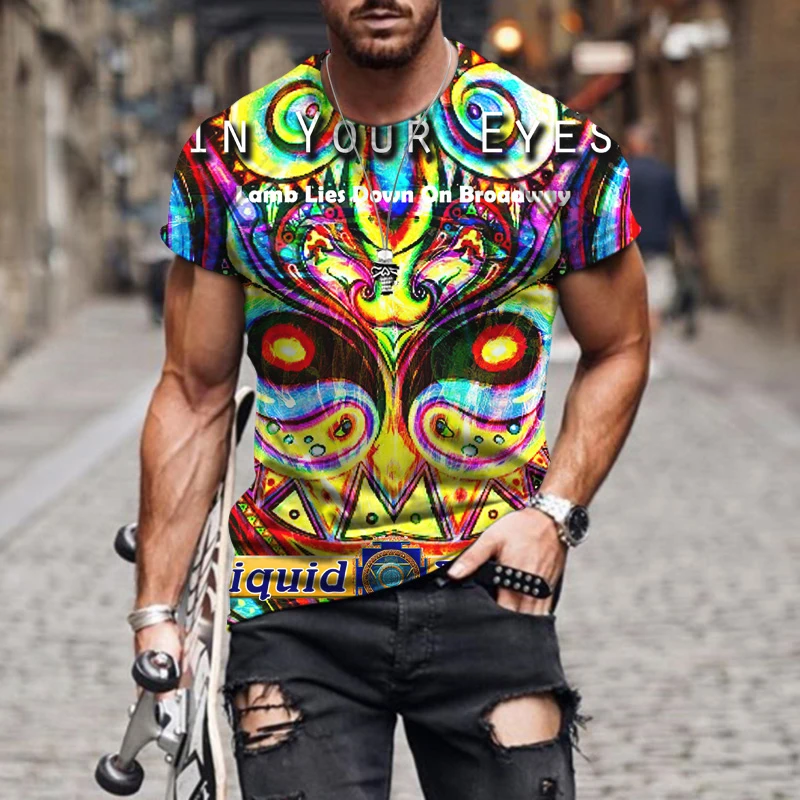 

Футболка мужская оверсайз с рисунком радуги, модная тенниска с цветным пигментом, модный винтажный топ с короткими рукавами и принтом живот...