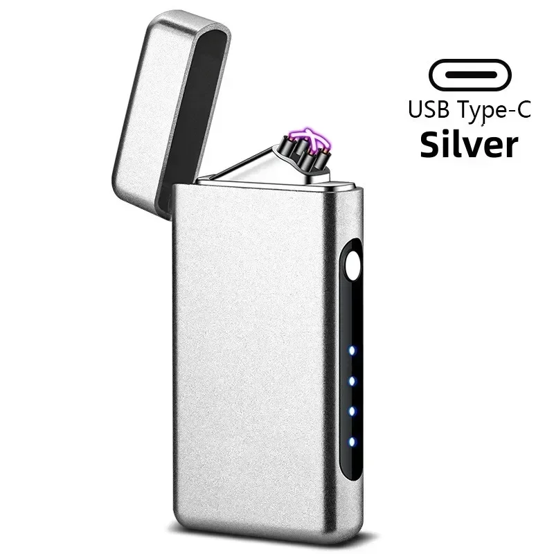 Фото Ветрозащитная зажигалка с двойной дугой Type-C, зарядка через USB, светодиодный дисплей мощности, импульсный плазменный уличный портативный инструмент для выживания, зажигалка №4