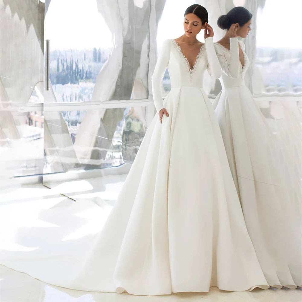 

Furtanseo Elegant Satin Wedding Dress Beads Pearls Backless Court Train Long Sleeve Princess Bride Gowns Vestidos De Novia 2023