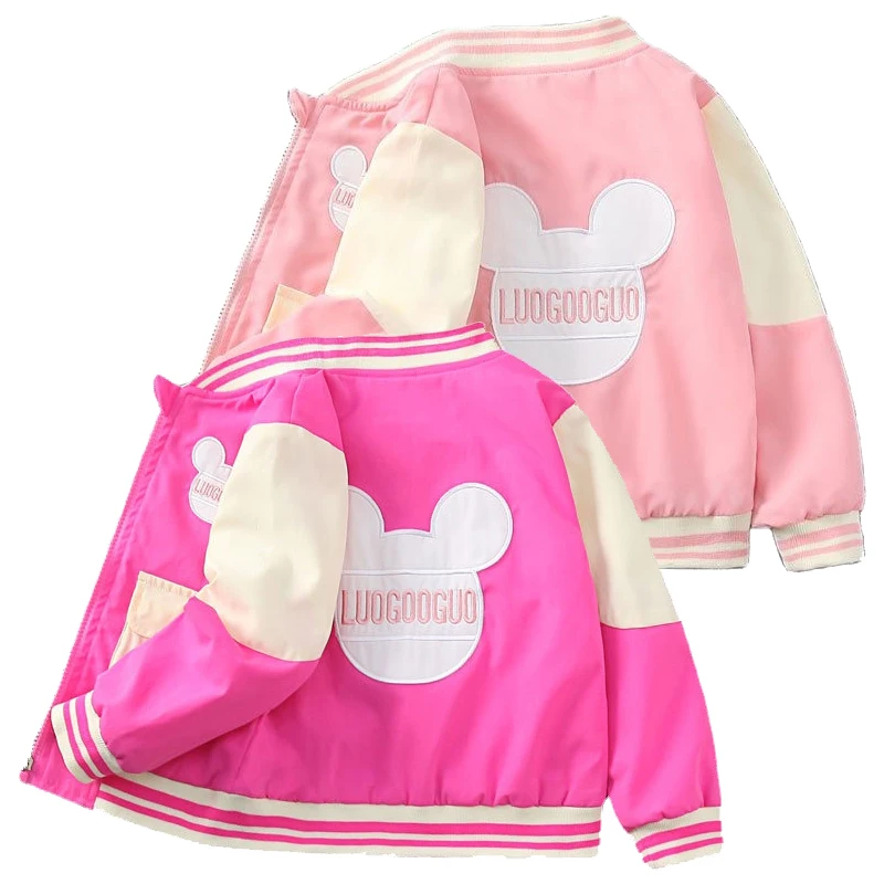 

Girls Mickey Mouse Jackets Spring Autumn Disney Cartoon Pattern Coat Kids Solid Color Stitching Cardigan Children Outerwear 1-6Y