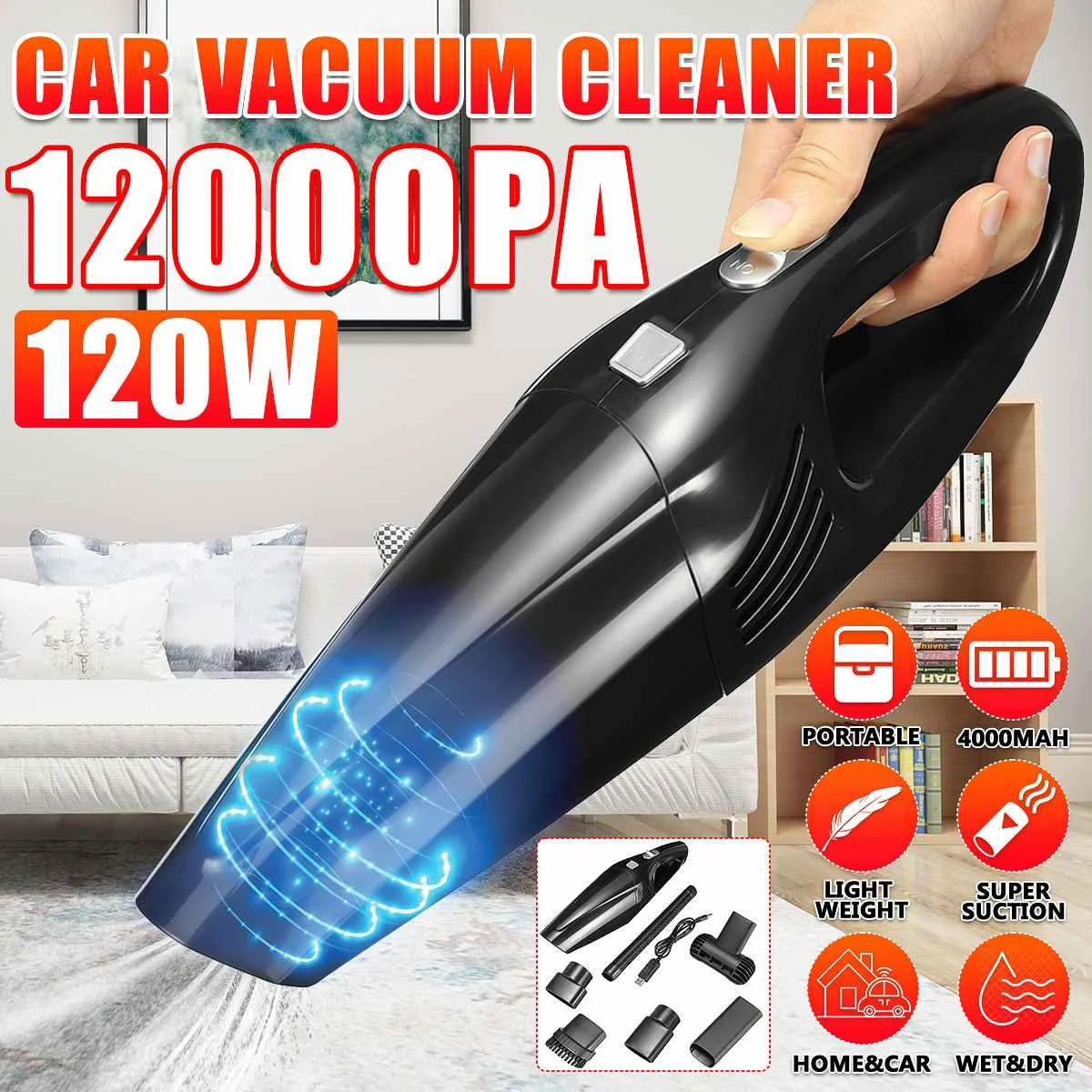 

Handheld Vacuum 120W 12000Pa Powerful Suction Home Car Portable Auto Vacuum Cleaner Wet & Dry Dual Use Wired/Wireless optional