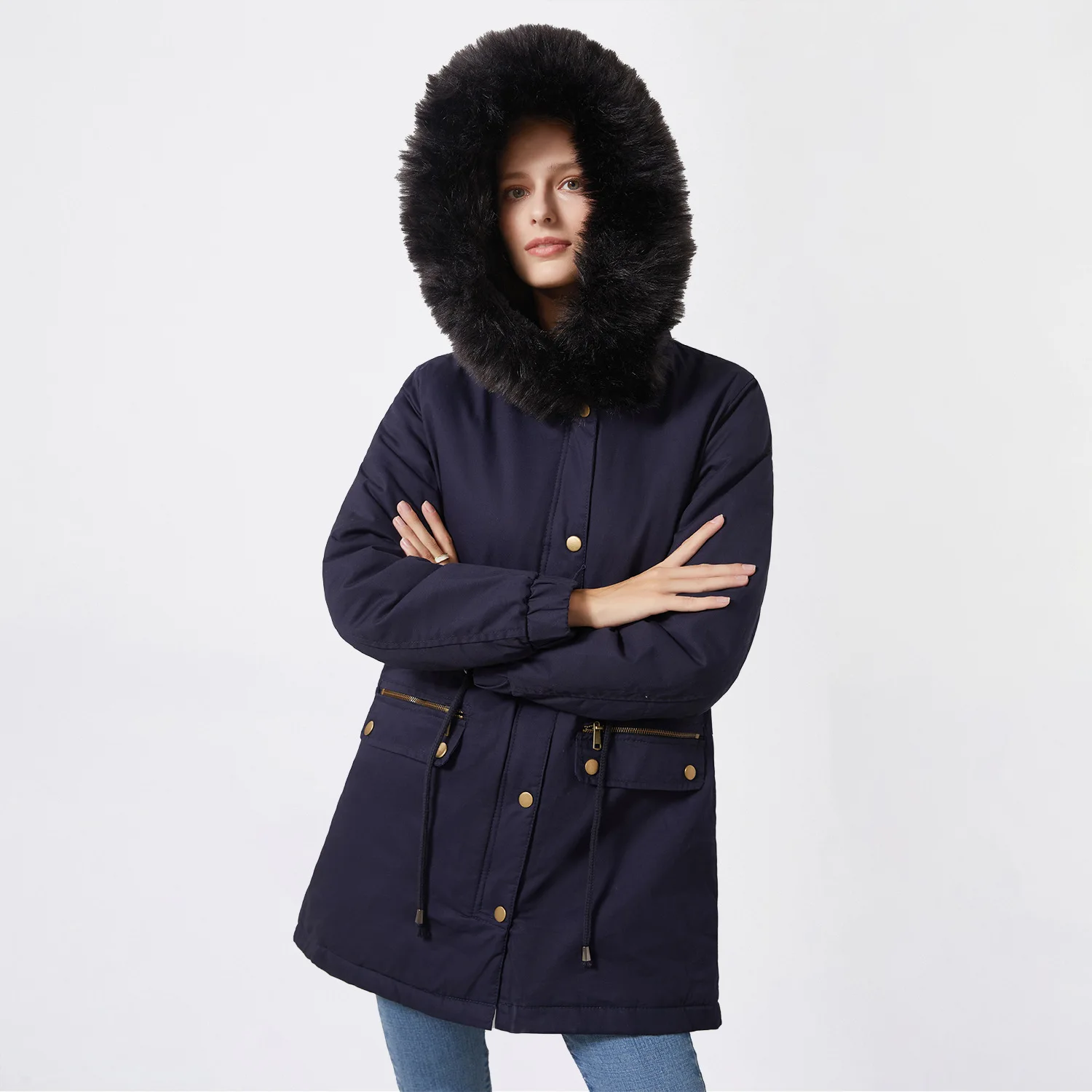 

Winter Fashion Women Parka Big Fur Collor Ladies Thick Fleece Hooded Coat Cotton Padded Long Jacket Female Windbreaker EU Size