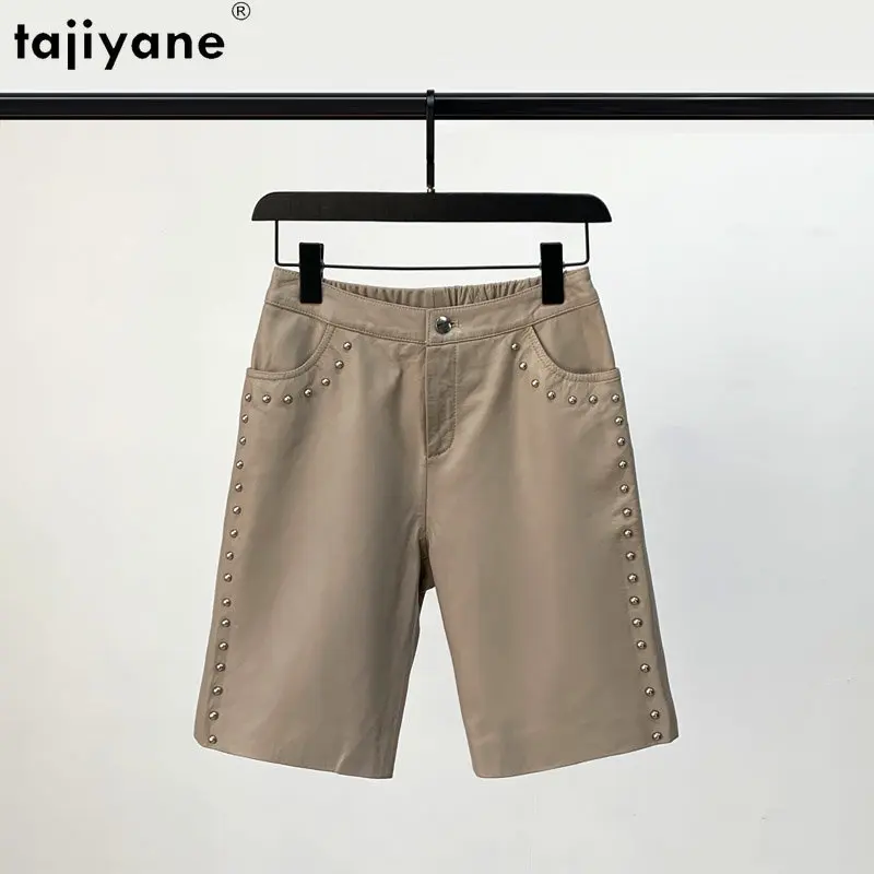 Tajiyane High Quality Leather Shorts for Women Sheepskin Five-point Pants Fashion Riveted Elastic Waist Straight Short Pants SGG