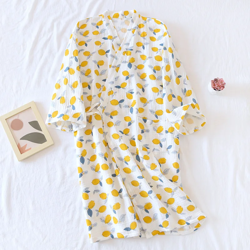 Crepe Printed  Kimono Robes Diagonal Lace Up V-neck Loose Comfortable Nightgown Three Quarter Mango Bathrobe Long Night Gown