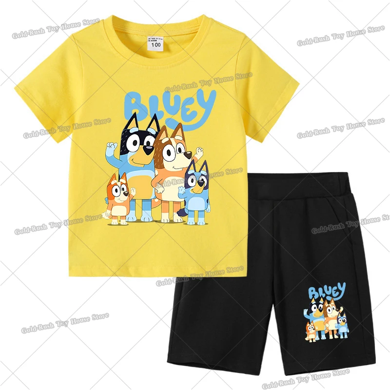 Фото Детский спортивный костюм Blueys с героями мультфильмов для девочек и мальчиков, комплект спортивной одежды, милая футболка с короткими рукавами и шорты, комплект из 2 предметов, детская летняя одежда №4