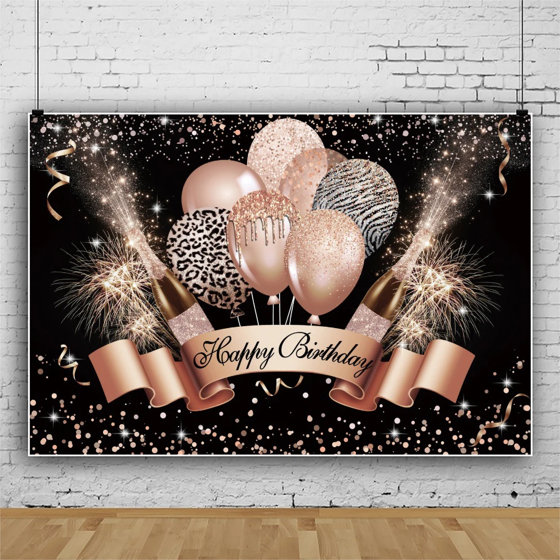 

Laeacco Birthday Black Golden Glitter Custom Name Photography Backgrounds Balloon Champagne Backdrop for Children Party Banner