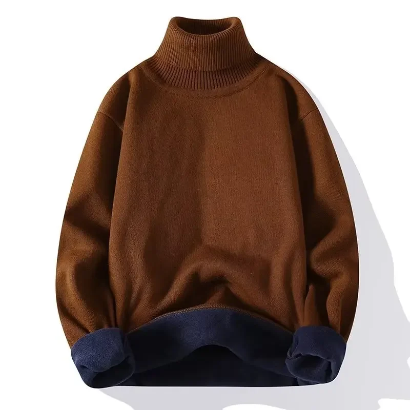 Autumn Winter Knitted One-piece Fleece Sweater Men's Turn-over Solid Color Polo/turtle Neck Casual Youth Pullover Jacket