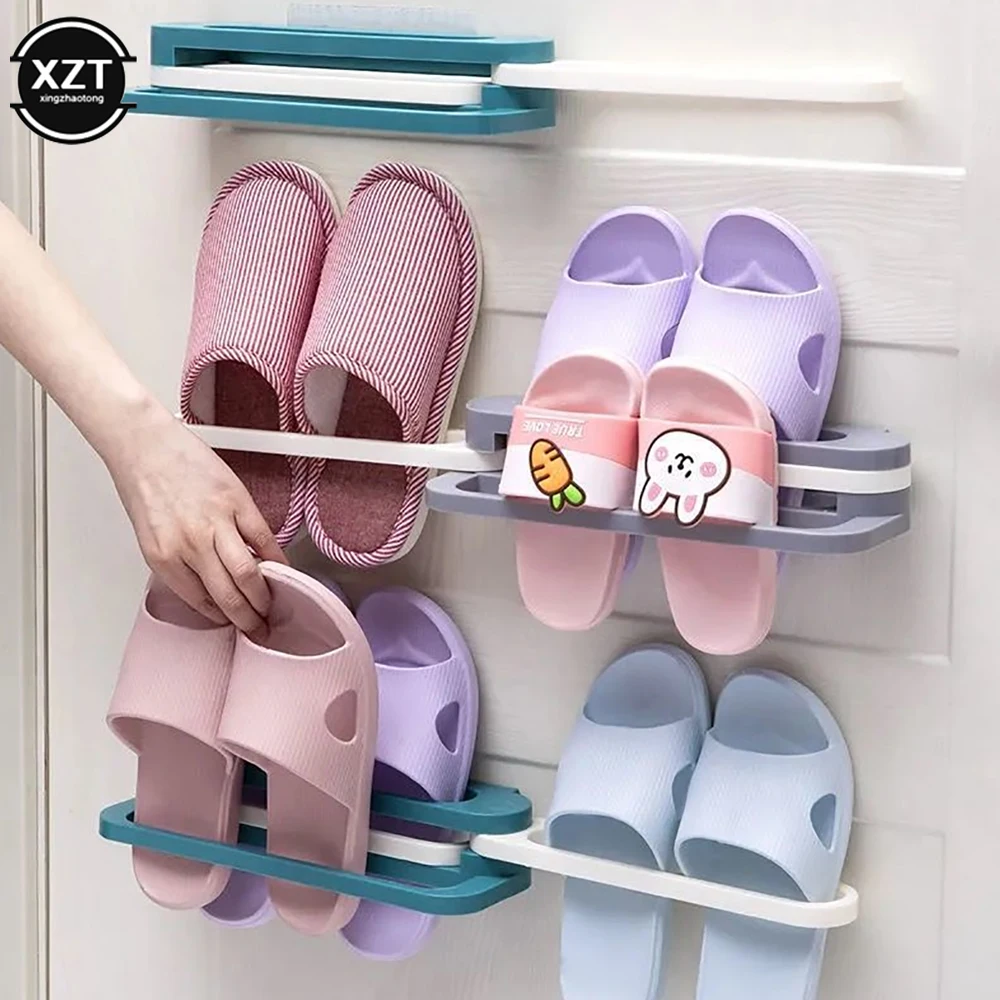 

Household Slipper Rack Wall Mounted Foldable Shoes Hanger Space Saving Drain Storage Shelf Bathroom Organizer