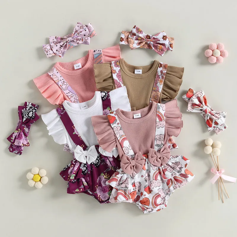 

Newborn Baby Girls Bodysuit Dress Summer Clothes 2023 False Two-piece Flying Sleeve Jumpsuit with Elastic Headband Baby Items
