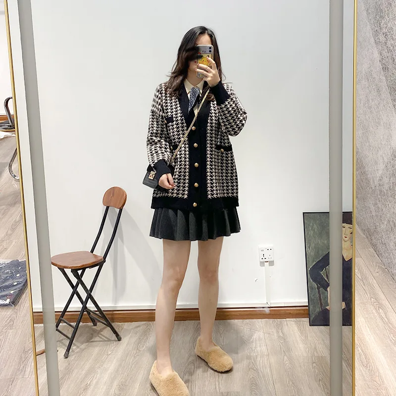 Houndstooth V-neck Knitted Cardigan 2022 Autumn New Commuter Single-breasted Multi-pocket Jacket Women's High Quality enlarge