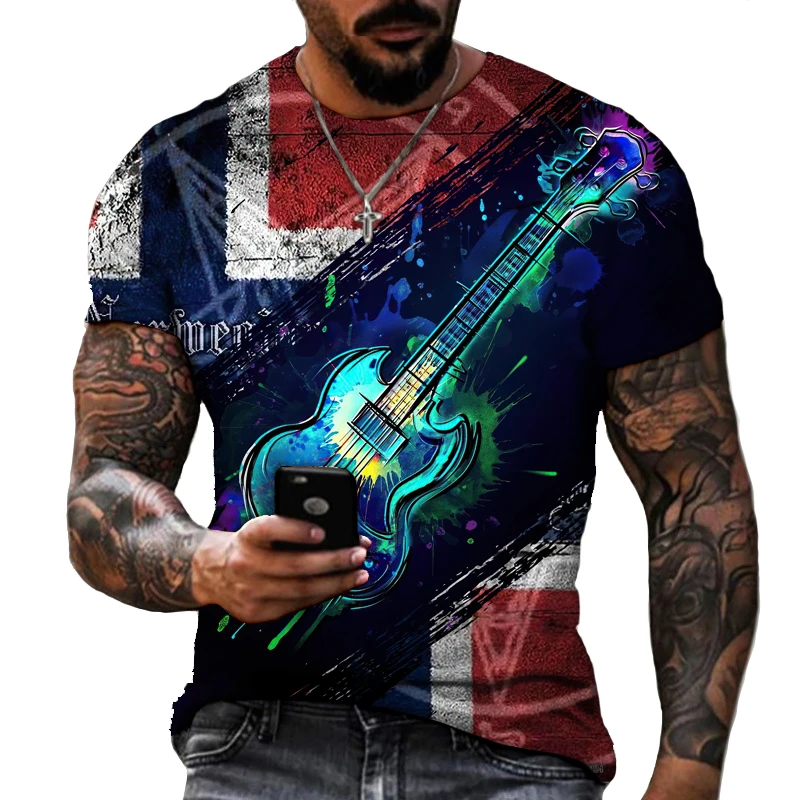 

2022 Spring And Summer New Short-sleeved Music Flame Guitar 3D Printed T-shirt Street Trend Oversized Lycra Polyester Top