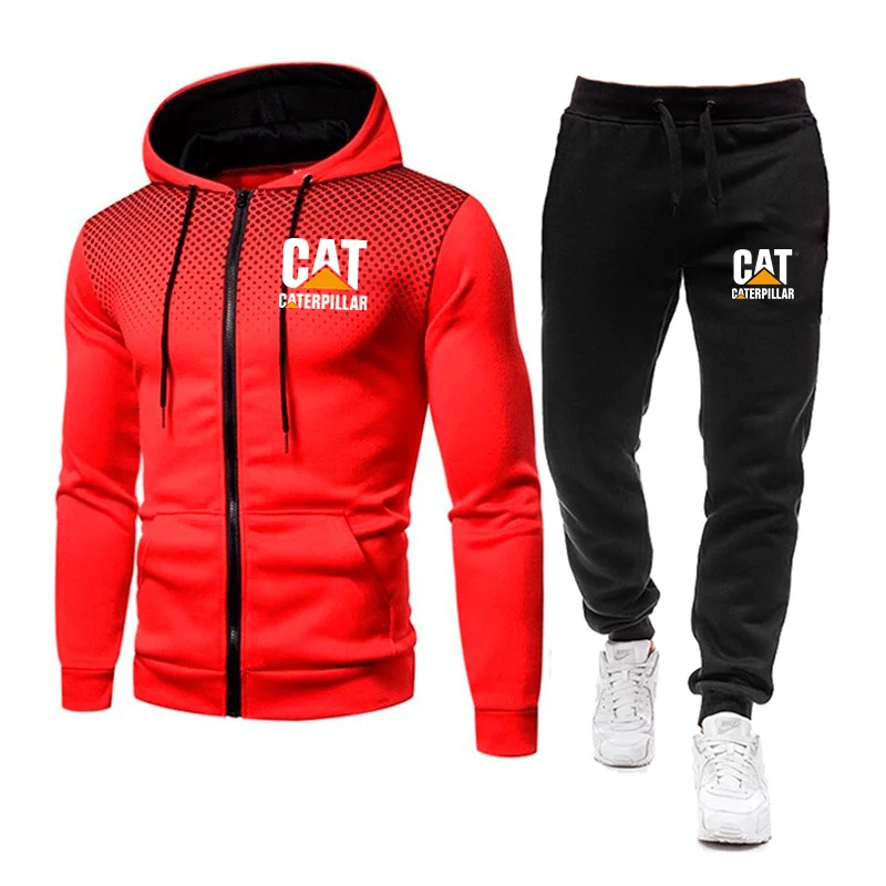 New men's spring and autumn fitness sports suit leisure solid color wave dot zipper hooded coat outdoor running sports clothes