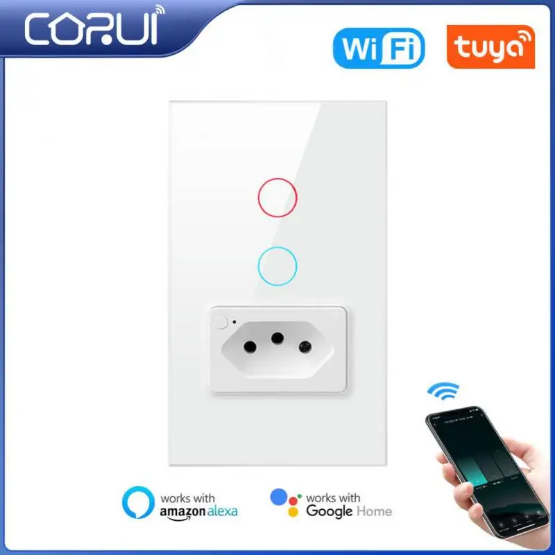 

CORUI Tuya Wifi Smart Switch Socket Brazil Standard Glass Panel Plug Smart Wall Timing Switch Socket Work With Alexa Google Home