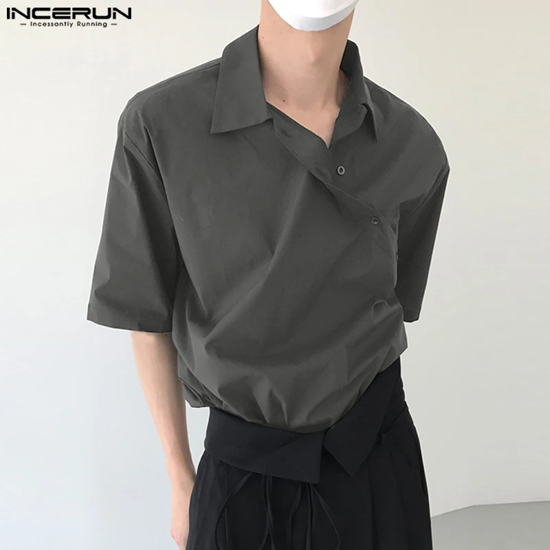 

2023 Men Shirt Lapel Short Sleeve Streetwear Korean Irregular Shirts Summer Solid Fashion Casual Men Clothing S-5XL INCERUN