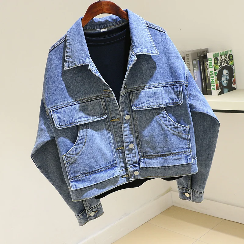 

Korean Vintage Blue Denim Jacket Women Student Cowboy Outerwear Spring Loose Short Big Pocket Batwing Sleeve Jeans Jacket Female