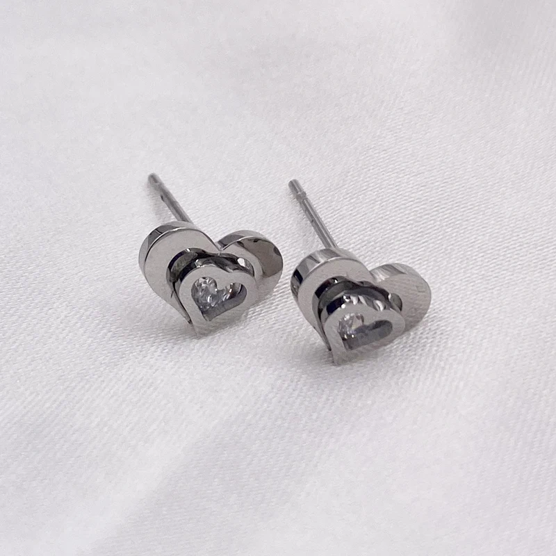 Two Layer Vintage Stainless Steel Crystal Rhinestone Classic Heart Stud Earrings For Women Fashion Female Wedding  Jewelry Gifts