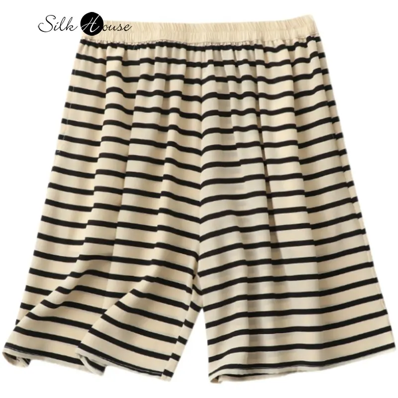 Summer Silk Capris Men's and Women's Beach Pants Loose Stripe Casual Pants Mulberry Silk 2023 Summer New Style