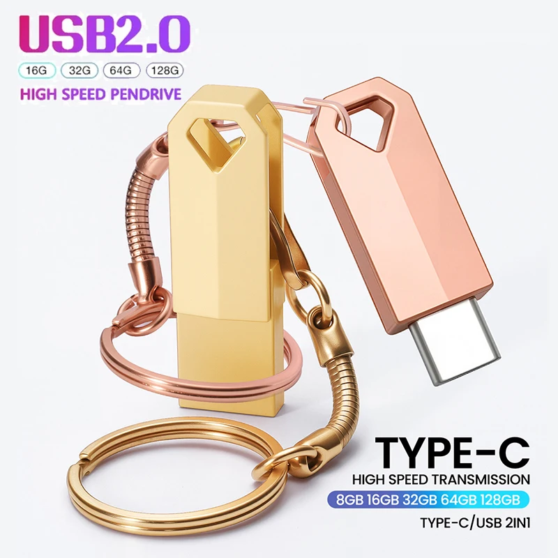 Фото Новый металлический USB-накопитель TYPE-C, 64 ГБ, двойной флэш-накопитель USB C, 32 ГБ, FAT32, 16 ГБ, бесплатная цепочка для ключей, 8 ГБ, USB флэшка №1