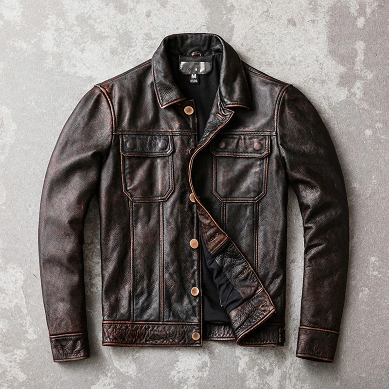 

Куртка мужская из натуральной коровьей кожи, мотоциклетная одежда в стиле ретро, красная/коричневая джинсовая одежда, 5XL, LXR391