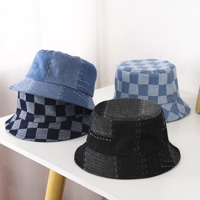 Foldable Washed Denim Kids Bucket Hat Vintage Plaid Sun Cap Summer Fisherman Hat Children Boys Girls Sunshade Baby Hat