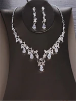 silver plate shining zircon drop earrings necklace set high grade electroplated alloy jewelry for woman