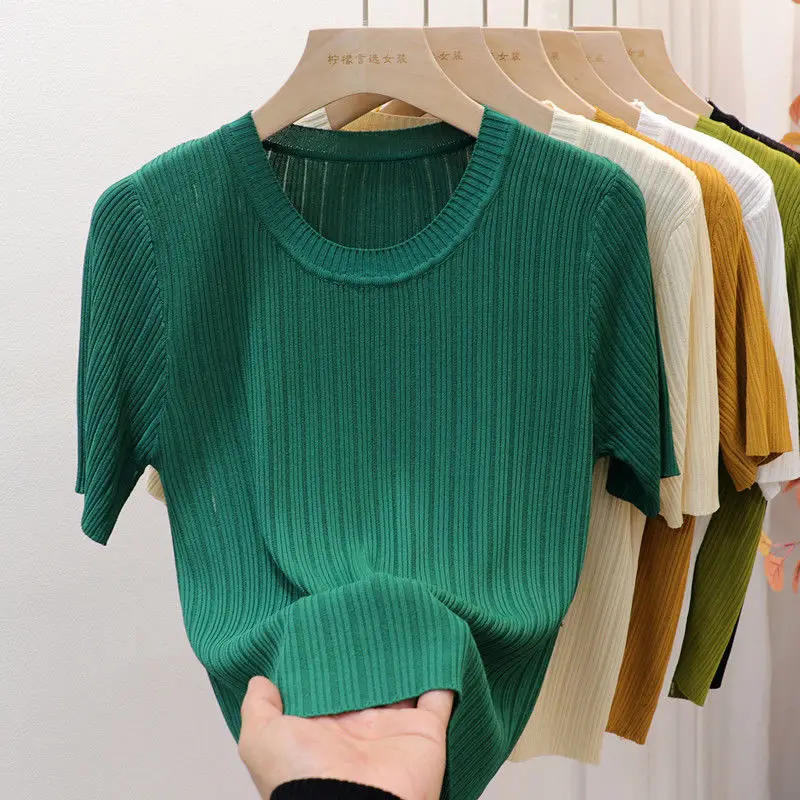 

Round Neck Thread Thin Solid Color Short-sleeved T-shirt Women's New Ice Silk Knitted Temperament Bottoming Shirt Top