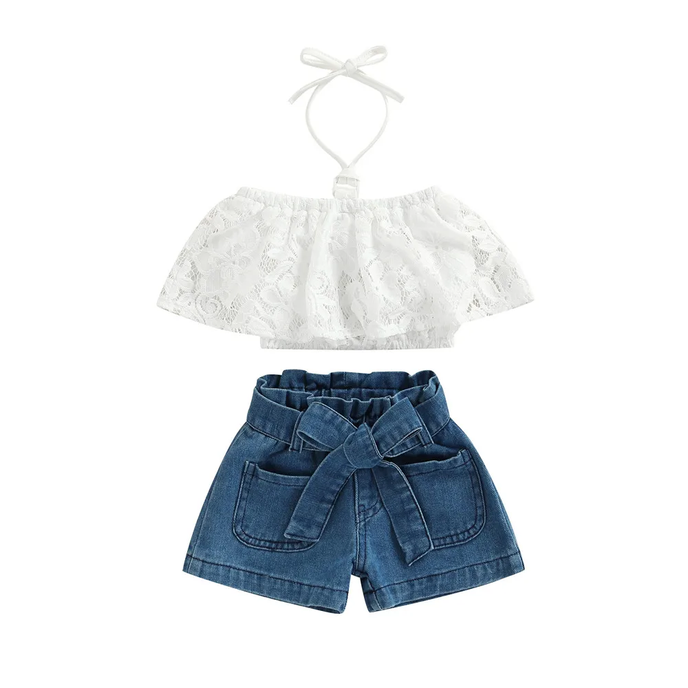 

Baby Girl Clothes Set White Lace Tops Halter Vest Camis Blue Denim Shorts 1-5Y Toddler Kids Children Summer Casual Outfits New