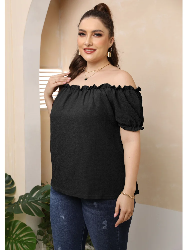 Women's wooden ear edge one line collar sexy off shoulder casual sweet short sleeved T-shirt plus size women clothing
