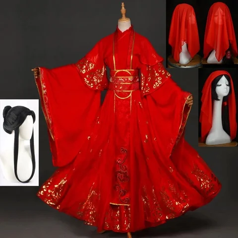 Anime Tian Guan Ci Fu Xie Lian Cosplay Costume Chinese Ancient Hanfu Red Wedding Dress Halloween Costumes Wigs for Women Girls