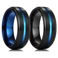 fashion 8mm black tungsten wedding ring for men thin blue line groove black brushed ladder edge ring mens wedding band jewelry