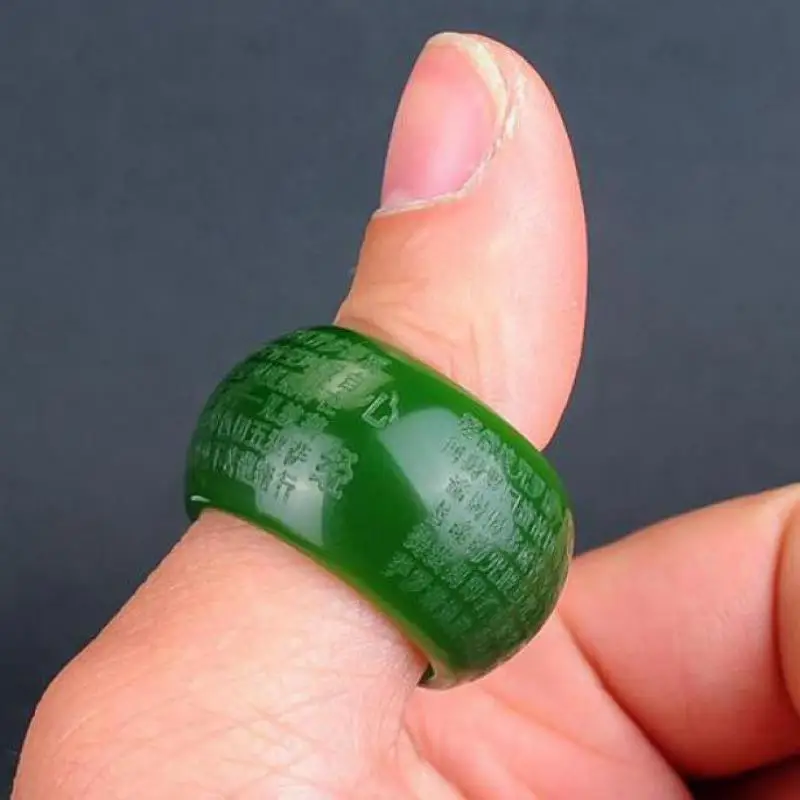 

Genuine Natural Green Jade Heart Sutra Ring Men Healing Jewelry Real Chinese Hetian Jades Stone Nephrite Hand-carved Thumb Rings