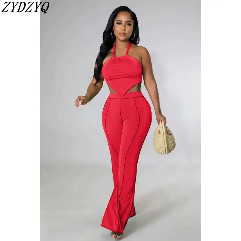 

Summer Women Clothing 2 Pieces Set Backless Sexy Chest Wrap Top Wide Leg Pants Sets Nightclub Vacation Streetwear Wholesale
