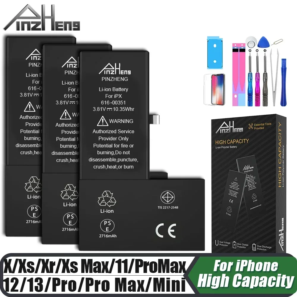 סוללת PINZHENG עבור iPhone X XR XS 11 12 13 Mini Max Pro Promax קיבולת גבוהה אמיתית החלפה בטריה אחריות שנה אחת