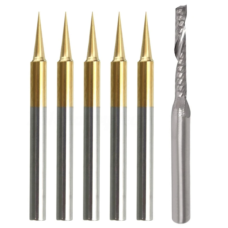 

2Mmx15mm Carbide Single Flute Spiral End Mill With 5Pcs 15 Degree 0.1Mm Tungsten Steel PCB Engraving CNC Bit Router Tool