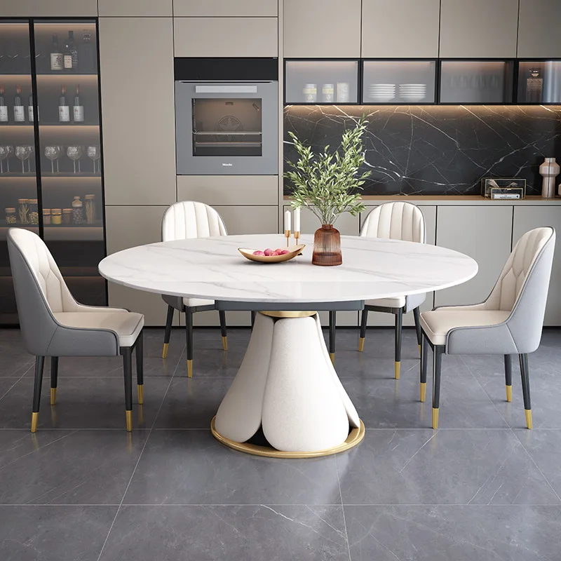 

Italian Light Rock Plate Dining Room Sets Round Table And Chair Combination Telescopic Folding Simple Household Revoing Set