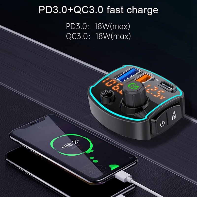 

FM-трансмиттер, Bluetooth, Автомобильный MP3-плеер, беспроводной автомобильный комплект громкой связи с Type-C PD QC3.0, поддержка быстрой зарядки Siri