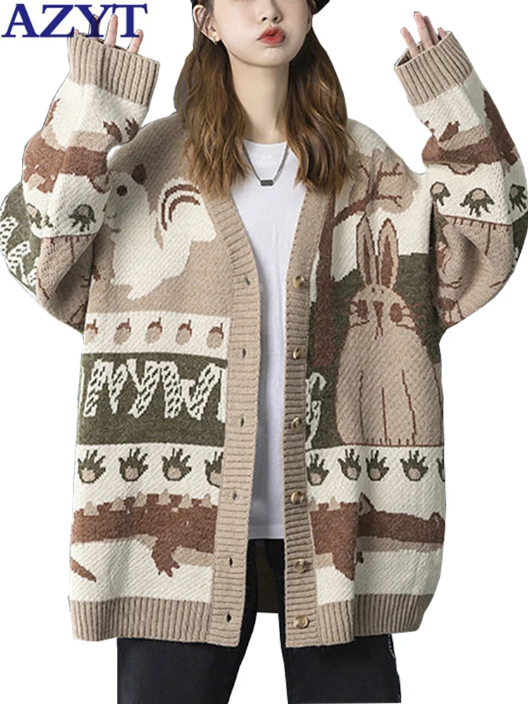 

AZYT 2022 New Knit Cardigan Women Sweater Coat Cartoon Print Sweater Female Cardigan Vintage Loose Knitwear Mujer Top