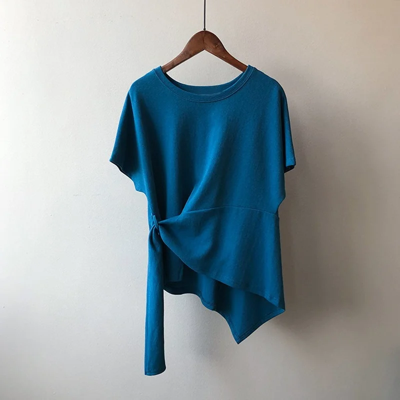

Fashionable T-shirts White Blue Streetwear Sash Tshirt 2023 Casual Women Summer O-neck Short Sleeve Tees Irregular Tops Girls