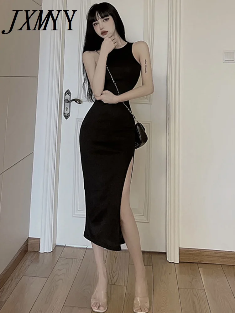 

Fashion Sexy Women Sleeveless Dark Solid Color Long Bodycon Bandage Slim Hip Thigh Split Elegant Evening Party Dress Ladies