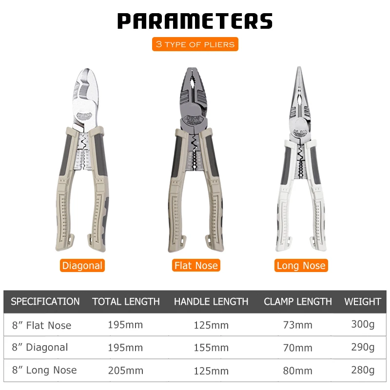 Pliers 8 Inch Wire Stripping Cable Cutting Crimping Tool Cutter Diagonal Long Nose Multifunction Household Repair DIY Tools |