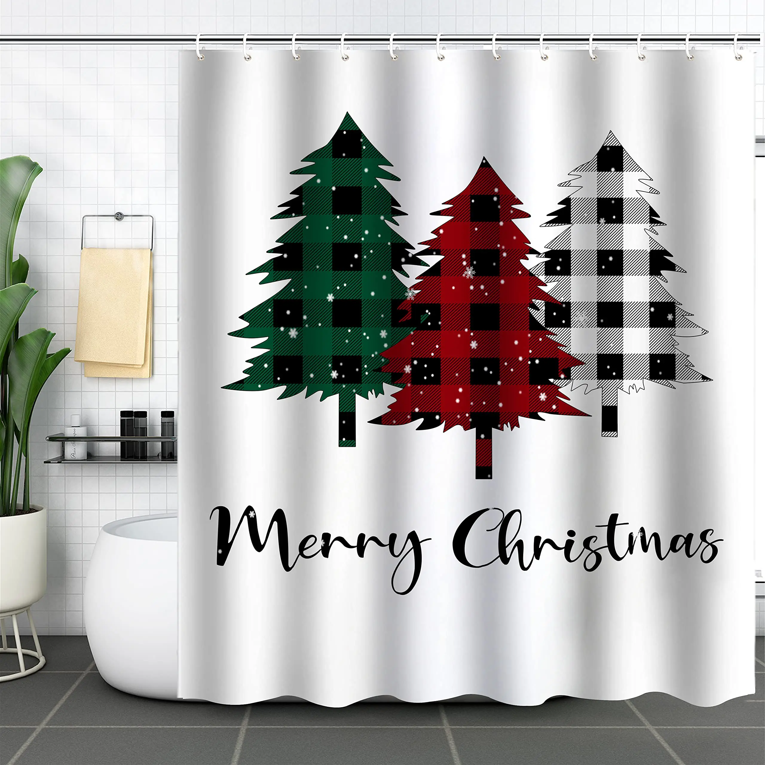 

Christmas Trees Shower Curtain,Nightmare Before Christmas Shower Curtains,Farmhouse Bathroom Decor Set Buffalo Check Plaid Merry