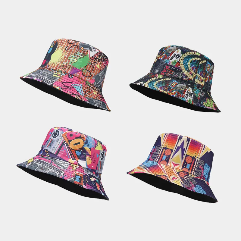 

New Graffiti Hat Nostalgic Classic Tape Pattern Double-Sided Outdoor Sun Hat for Women