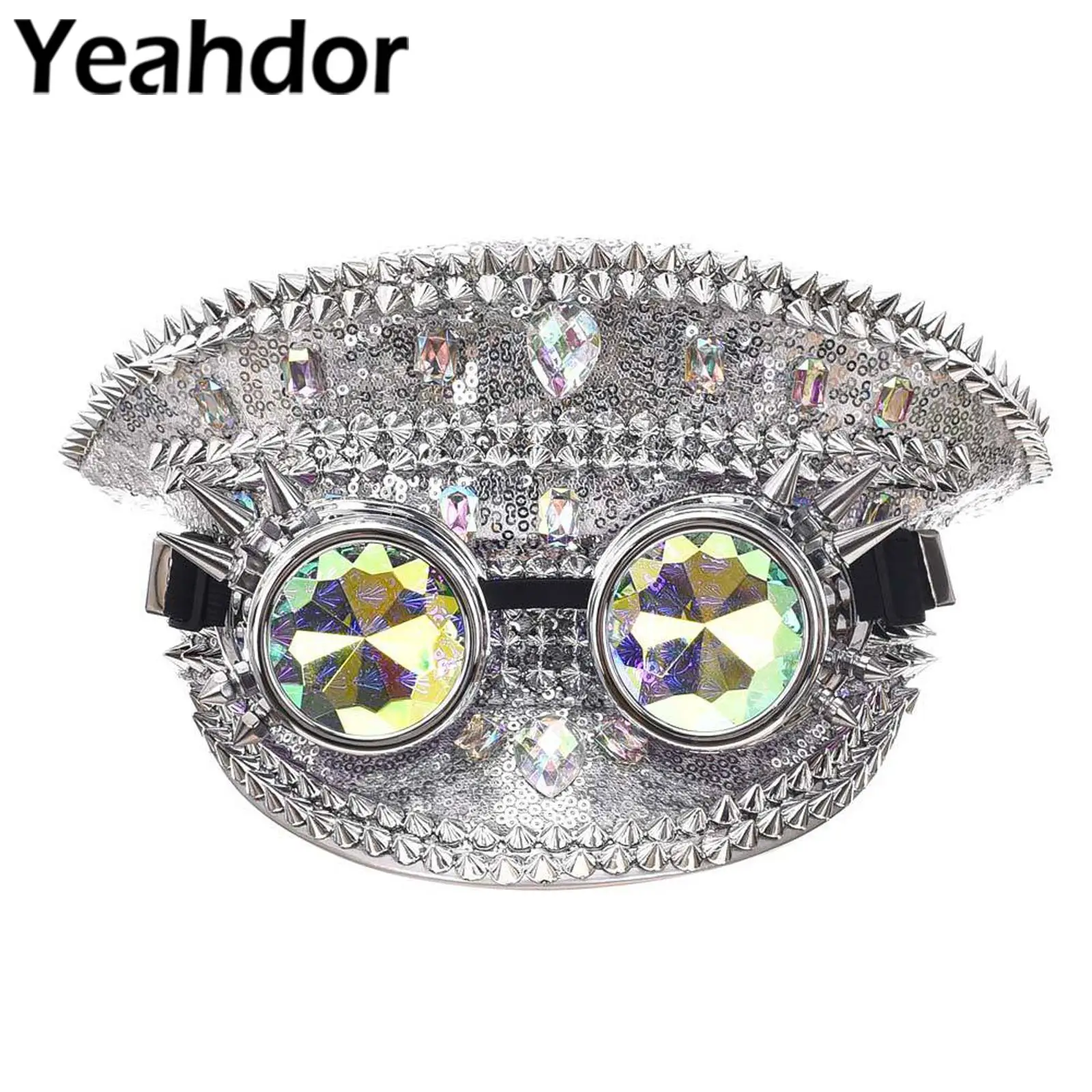 

Womens Hat Sparkling Rhinestone Rivet Sequin Hat Stage Performance Cap Raves Party Costume Accessories