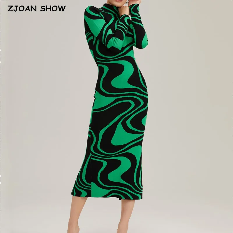 

Зимнее жаккардовое вязаное платье с абстрактными волнами в полоску, Женский Длинный свитер-халат с коротким воротником и длинным рукавом, облегающий бедра, с разрезом сзади