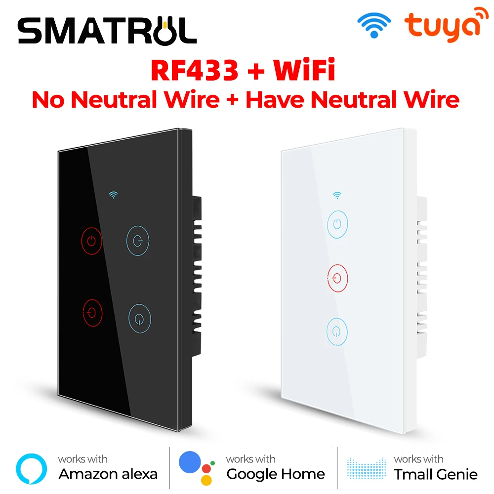 Смарт-выключатель SMATRUL Tuya сенсорный с поддержкой Wi-Fi 433 МГц 1/3/4 клавиши |