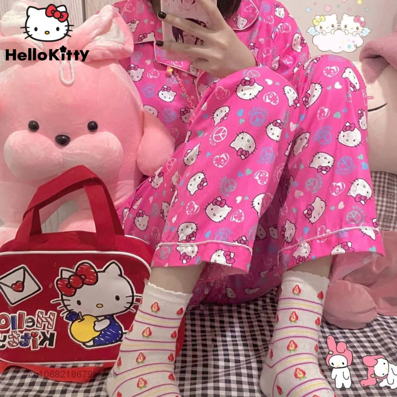 Sanrio-ropa de casa de Hello Kitty para mujer, cárdigan de manga larga, Tops, pantalones de pierna ancha Y2k, conjunto de 2 piezas, pijama informal para primavera