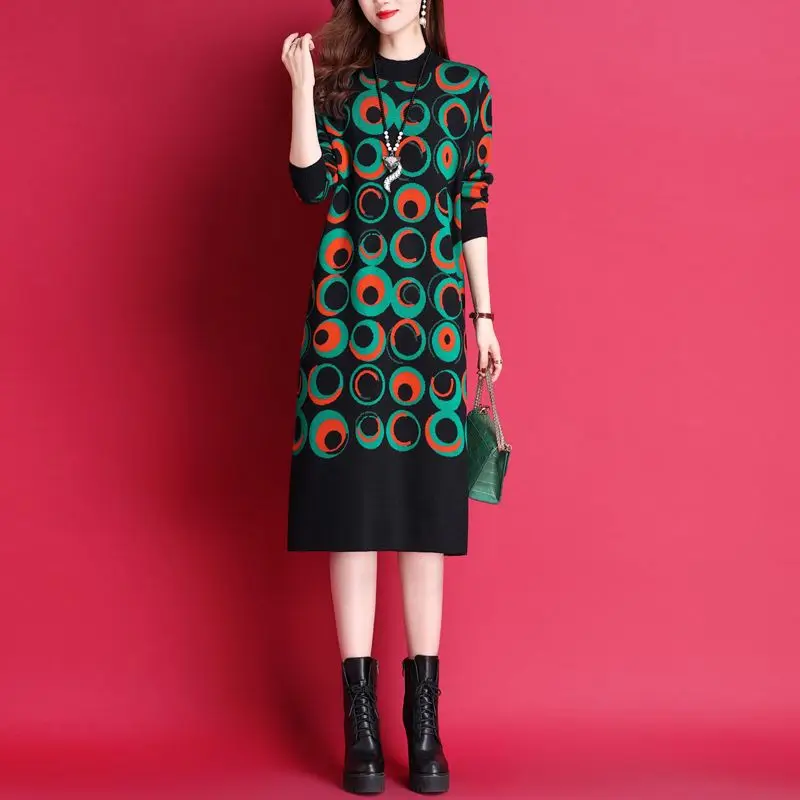 

Women O-Neck Knitting Dress Autumn Winter New Fashion Thickened Long-sleeved Sweater Dress Vintage Printed Elegant Dress T90